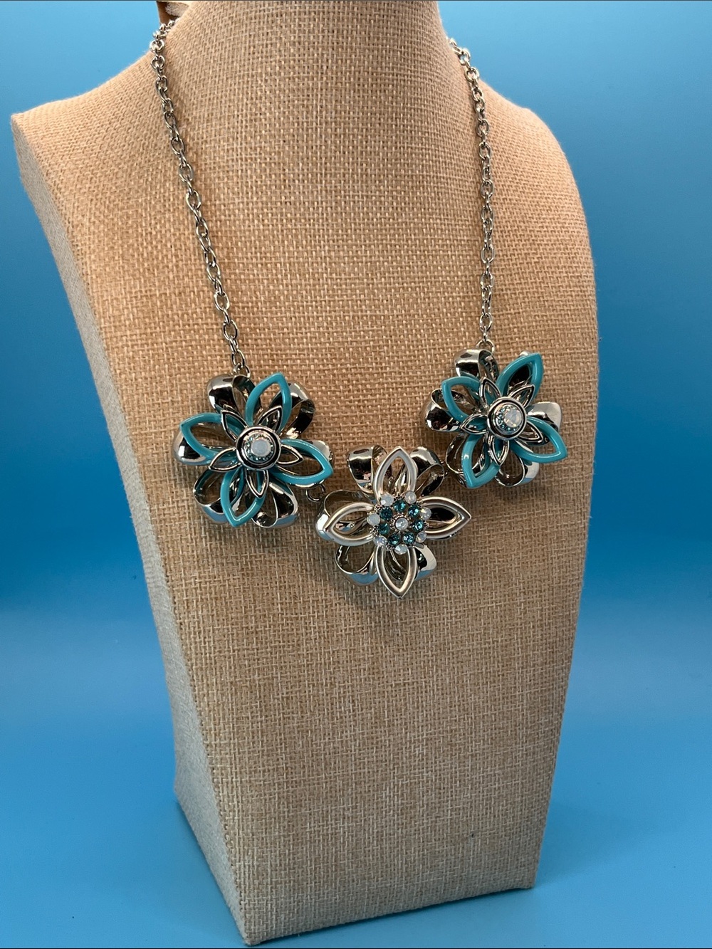 #0046. Erica Lyons Silver Floral Necklace with Turquoise Accents#